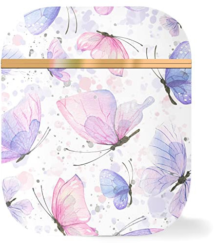 Berkin Arts Kompatibel mit AirPods 2 & 1 Generation Hülle AirPods Case Ästhetisch Rosé Goldenes Hardcover mit Schlüsselanhänger Cloisonnismus Blumen und Schmetterlinge