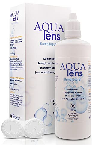 AQUA lens Solution Multifonction 100 ml + étui - Solution tout-en-un haut de gamme pour lentilles de contact souples avec HPMC