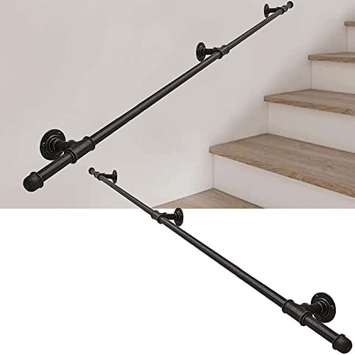 Treppengeländer, 1 Fuß - 20 Fuß Schmiedeeisen aus schwarzem Metall,Treppengeländer Geländer, Einfach zu installierendes Handgeländer, Drinnen draußen Wandhalterungsstange,Schwarz,210cm/7FT