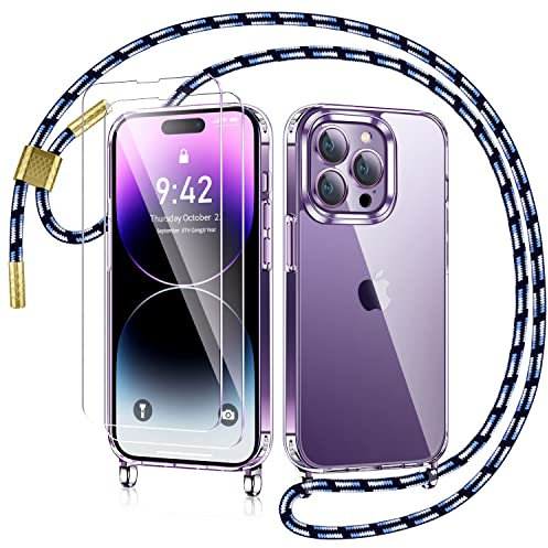AROYI Handykette für iPhone 14 Pro Hülle mit Band Und 2 Stück Schutzfolie, Transparent Ultra Hybrid Handyhülle für iPhone 14 Pro mit Kette zum Umhängeband Abnehmbar Stossfest Hülle - Blau