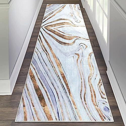MGrow in Style Läufer Teppich Für Flur 65x180cm - Rutschfest, Waschbar, Marmor Gold Design - Lang Für Küche, Eingangsbereich, Wohnzimmer, Schlafzimmer, Waschküche