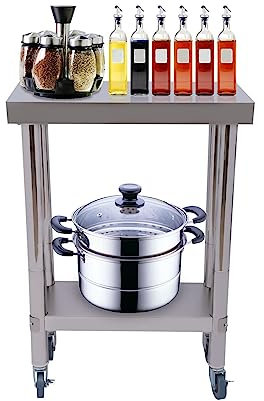 SHZICMY Arbeitstisch Edelstahl,Werkbank Catering Arbeitstisch 300kg für Belastbarkeit Lebensmittel Zubereitungstisch Gewerbliche Arbeitstisch mit Rollen (60 * 30 * 85 cm)