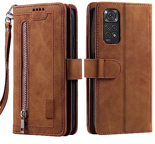 VEEMOS Étui Portefeuille pour Xiaomi Redmi Note 11 / 11S 4G Flip Case Couverture De Téléphone De Protection en Cuir Folio avec Kickstand Fentes pour Cartes Poche À Glissière - Marron
