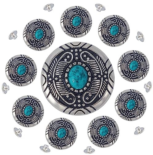 GORGECRAFT 1 Box 10Stk Türkisfarbene Knöpfe Mit Schraubverschluss 30mm Synthetische Türkisfarbene Concho-Katzenauge-Gravur Metallknöpfe Vintage-Legierungsschnalle Für DIY-Lederhandwerk Stoffe Nähen