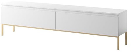 Selsey Meuble TV Armoire De Télévision 2 Portes 175 cm sur Pieds Doré Salle De Séjour Chambre À Coucher Blanc Bemmi