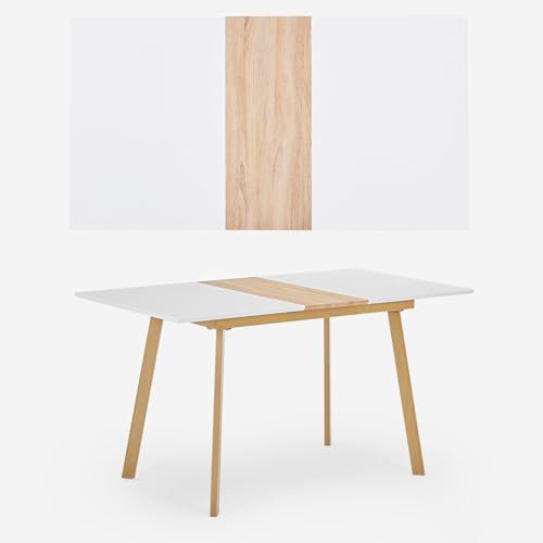 DRIXNO Esstisch Küchentisch Ausziehbar 110/140x75cm, Weiß Esszimmertisch Tisch Küche Dining Table Kitchen, Holztisch Massivholz Polierte Oberfläche, Gewellte Kanten Moderne