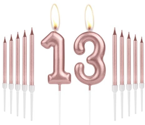 Girls 13th Birthday Decorations - Number 13 Rose Gold Long Candles for Cake Toppers - Perfect for Women's Birthday Parties & 13th Wedding Anniversaries