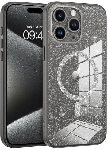 YINLAI für iPhone 15 Pro Hülle mit Magsafe Glitzer, Magnetisches Cover Case, Stoßfest Schutzhülle für iPhone 15 Pro, 6,1 Zoll, Crystal Schwarz