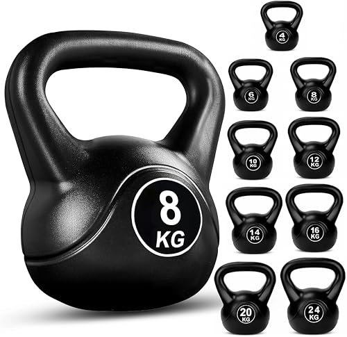 FK Sports Kettlebells | Heavy Weight Vinyl Kettle bells for Exercise Home Gym Workout | 4kg, 6kg, 8kg, 10kg, 12kg, 14kg, 16kg, 20kg, 24kg Kettlebell Weight for Women & Men (Black, 8 KG)
