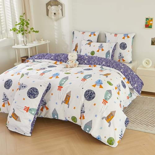 Luowei Baumwolle Bettwäsche 200x220cm 3 Teiliges Kinder Cartoon Bettbezug Süß Weich und Atmungsaktiv für Kinder Jungen mit Planet und Rakete Muster mit 2 Kissenbezug 80x80 und Reißverschluss