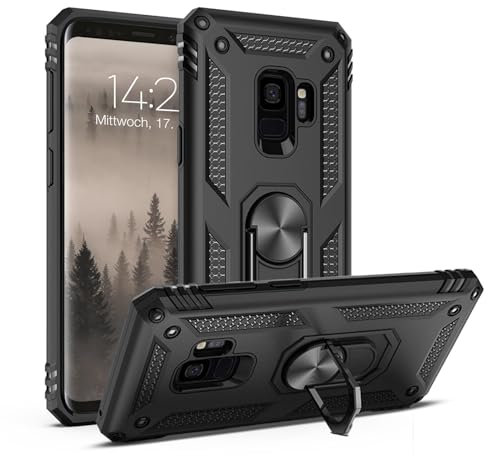 LBH Outdoor Hülle für Samsung Galaxy S9 Armor Militär Stoßfest Handyhülle 360 Grad Metal Ring Halter Ständer Schutzhülle für Handyhalterung Auto Magnet Schwarz