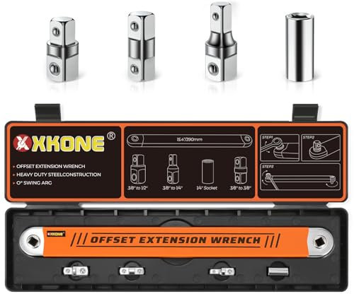 XKONE Offset Extension Wrench Set(4 Colors),15.4 Offset Extension Wrench with 1/4,3/8,1/2 Square Drive Adapters and 1/4 Socket.