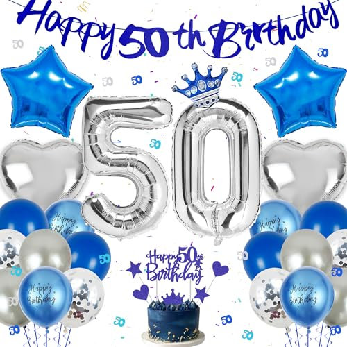 Luftballons 50 Geburtstagsdeko Mann Blau - 31 Stücke 50. Geburtstag Dekoration Zahl Folienballon Happy 50th Birthday Banner Stern Silber Herz Konfetti Tortendeko für Männer Frauen 50 Party Deko