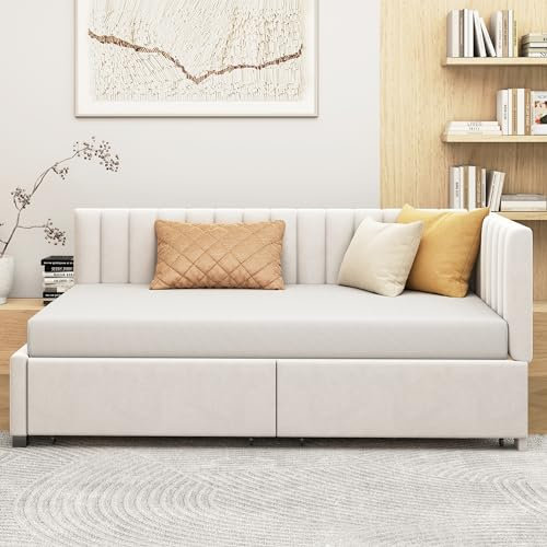 SUKY Polsterbett Schlafsofa 90 x 200cm Multifunktionsbett mit Lattenrost hautfreundlicher Samtstoff und 2 großen Stauraumschubladen Grau (Beige)
