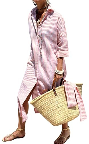 utcoco Maxikleid für Damen, 2026, lässiges Revers, 3/4-Ärmel, Knopfleiste, geteilter Gürtel, Urlaubskleid