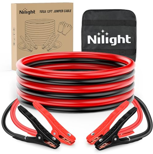 Nilight Jumper Cables for Car Battery 10 Gauge 12 FT Booster Cable Heavy Duty 200 A CCA with Carrying Bag Jump Start Emergency Kit Pickup Vans SUV Sedan Motorcycle