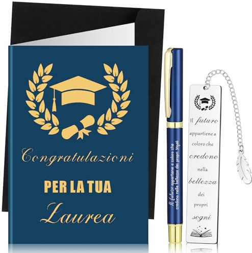 Clabby 3 Pezzi Set Regali di Laurea per Studente Segnalibro Metallo con Frasi Motivazionali Biglietto Congratulazioni Penna di Laureato Segnalibro in Acciaio Inox per Maestra Amica (Blu)