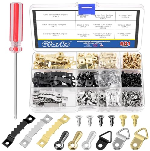 Glarks 631pcs Golden Silver Black Picture Hanging Kit, schließen Sägezahn Bilderrahmen Aufhänger, Rahmen Drehknöpfe, D Ring Bilderaufhänger, Schrauben und Schraubendreher für hängendes Foto ein