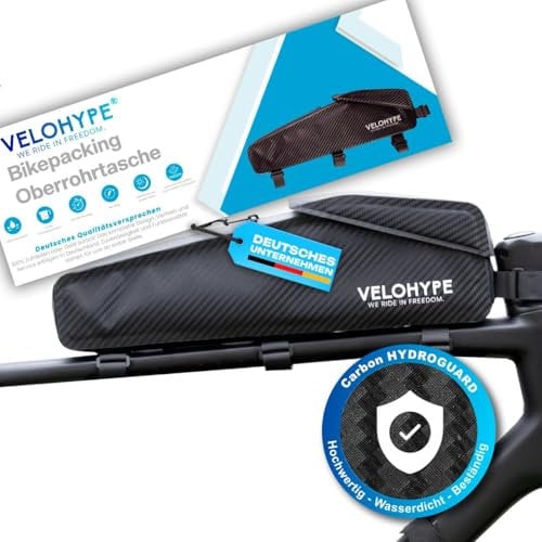 Velohype® XL-Bikepacking Oberrohrtasche | 2,5 Liter | 100% Wasserdicht | reissfestes Carbon-Hydroguard Material | Top Tube Bag für Gravelbike, Rennrad, MTB und Touren Fahrräder | mit Schutzaufkleber