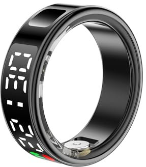 Fitness-Tracker-Ring, Smart-Ring mit Display und Ladeetui, Genaue Überwachung von Schrittzähler, Herz und Temperatur, IP68 Wasserdicht, 5 Tage Akkulaufzeit, Schwarz (#12)