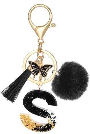 MWOOT Porte Clé Lettre avec Initiale, Porte Clef Alphabet avec Pendentif Pompon Tassel Papillon pour Femmes Filles, Charme de Porte Clés en Résine Noir pour Clé de Voiture Sac à Main Décor(S)