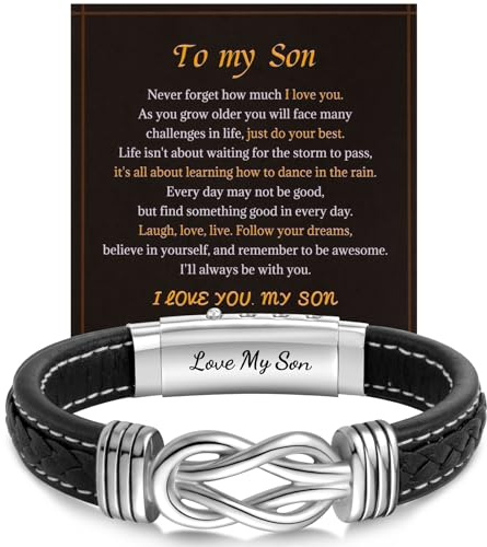LAXPICOL To My Son/Grandson/Husband Braided Leather Bracelet Gifts For Men | Soft Leather& Stainless Steel Adjustable/Magnetic Clasp,Engraved Message Bracelet,Men Jewelry Gifts For Son/Men/Grandson