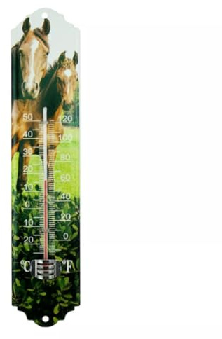 MIKONI Zimmerthermometer Metall 29,5 x 6,5 cm Thermometer Innen Außenthermometer Analog Raum Garten MD19 (Pferde)