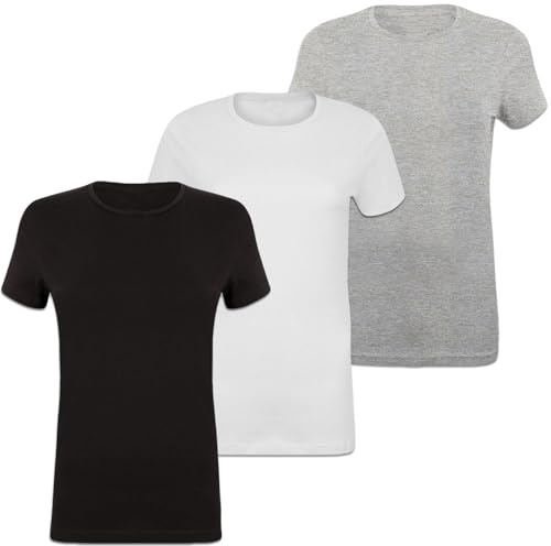 True Face Womens Plain T Shirts – Crew Neck Fitted Short Sleeve Tee Top for Ladies – Soft Cotton Stretch Summer Shirt for Casual Daily Wear, Layering, Travel or Outdoor Style Black White Grey M