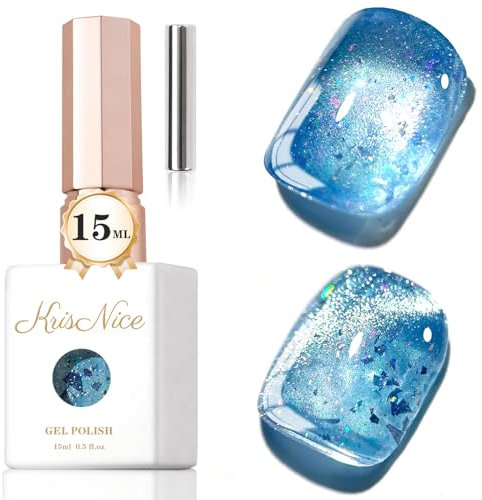 KRISNICE 15ML Blue Cat Magnetic Eye Gel Nail Polish Shimmer Glitter Holographic Aurora Blue Magnetic Gel Polish Nail Art Manicure DIY at Home (0.5 Oz-MY020)