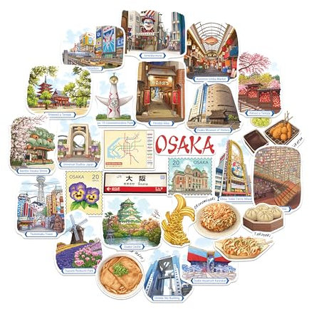 Navy Peony Zeitloses Osaka Reiseaufkleber (28 Stück) – Handillustrierte Aufkleber mit Themen aus der Kansai-Region Japans für Reisetagebücher, Scrapbooks und Gepäck