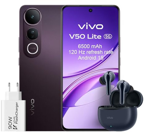 VIVO V50 Lite 5G Smartphone 8GB 256GB, 120Hz 6.77 AMOLED, 6500mAh Batería, Cámara Triple de 50 MP, MediaTek Dimensity 6300, Android 15, Dual Sim, NFC, Negro(con Auriculares TWS 3e & Cargador 90W)