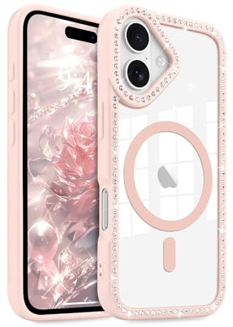 LCHULLE Magnetic Case for iPhone 16 Plus,[Compatible with MagSafe] Clear Cute Glitter Bling Diamond Phone Case,Women Girls Sparkly Camera Lens Protector Cover for iPhone 16 Plus 6.7,Pink