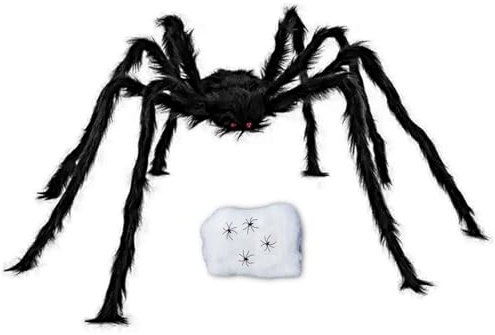 50-Zoll Halloween-Riesenspidern-Dekoset – Perfekt für Innen- und Außen, mit 60g Spinnennetz und 4 kleinen Spinnen (Schwarz 125 cm)