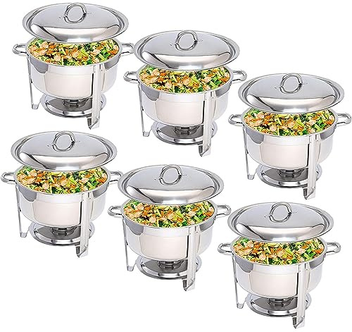 CQIKRWGWS 5L Chafing Dish Set, Edelstahl, rund, Buffet-Serviergerät, Speisenwärmer für Küche, Hochzeit, Party, Bankett, mit Speisepfanne, Wasserpfanne und Brennstoffhaltern, 6er-Pack, 6er-Pack