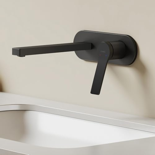 EMKE Waschtischarmatur für Wandmontage, Unterputz Wasserhahn Bad, Mischbatterie Waschbecken wassersparend, Badarmatur mit Auslauflänge 210 mm, Armatur mit Temperaturregulierung, Matt Schwarz