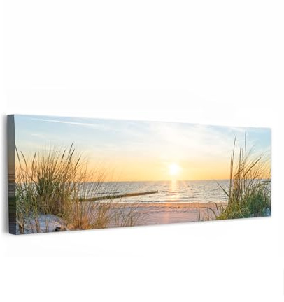 MuchoWow© Leinwandbild XXL Große Dekoration Wohnzimmer Pictures Wall | 120x40 cm - Decoration Living Room Wohnungs Moderne Bild Panorama Leinwand Strand - Sonne - Dünen - Gras - Sand - Horizont