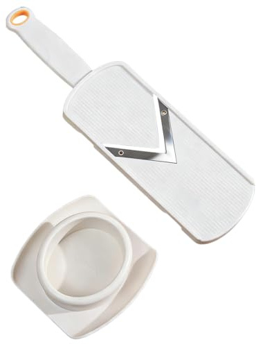 Shredder Cutter Grater Slicer für Gemüse Obst Kohl, mit V-Klinge, Gemüsehobel mit Edelstahlklinge, Gemüsehobel mit Restehalter, Reibe mit ergonomischem Griff, inkl. Fingerschutz, Weiß