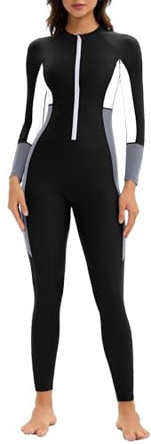 Ausing Costume da bagno integrale da donna Rashguard Tuta da donna, costume da bagno intero sport acquatici Surfing EU XS-3XL=Tag S-4XL, Nero/Bianco, M