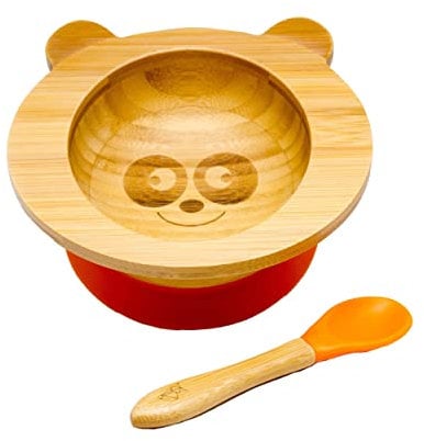 Kleiner Fuchs Baby Bambus Schüssel mit Saugnapf, Schüssel mit rutschfestem Saugnapf inkl. passendem Baby Löffel, hochwertige Bambus Schale mit Saugnapf inkl. Geschenkbox - Panda Design