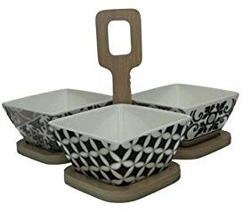 Brandani 53186 Alhambra antipastiera set 3 coppette in porcellana e supporto in bamboo, multicolore