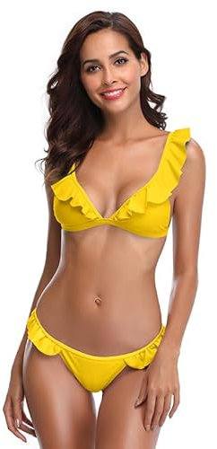 SHEKINI Costume da Bagno Donna Sexy V Profonda Bikini Imbottito Swimsuit Halter Brasiliano Cute Beachwear Ruffles Flounce Regolabile Costumi da Bagno Due Pezzi Mare e Piscina (Small, Giallo)