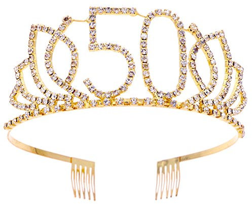 Frcolor Krone Geburtstag 50 Diadem Tiara mit Haarkamm Kristall Strass Geburtstagsgeschenk 50 Jahre für Frauen (Gold)