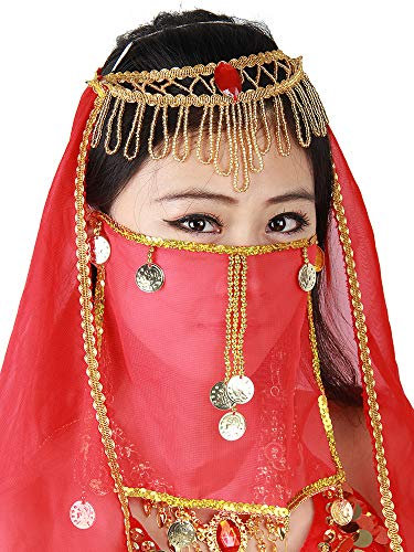 Seide Bauchtanz sexy Gesichtsschleier Maske Kostüm rot Frauen Mädchen arabische türkische Outfits mit Goldschmuck Krawatte (Rot, Einheitsgröße)