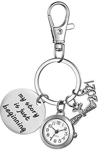 JewelryWe Taschenuhr Schlüsselanhänger mit Gravur 'My Story is just Beginning', Quarz Analog Fob Uhr für Outdoor-Camping Geschenk Silber