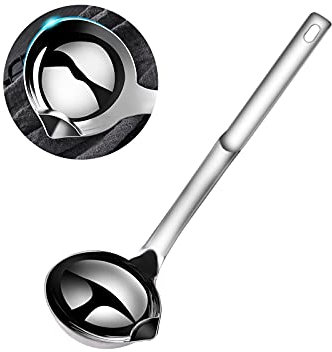Saucenkelle mit Verbrühungsschutzgriff, Edelstahl, Fetttrenner, Suppenlöffel, Schöpfkelle zum Kochen (1, Silber)