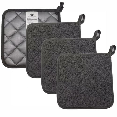 Minkabo - Juego de 4 soportes para ollas para cocina, resistentes al calor, color gris oscuro, almohadillas para orejas calientes, soportes de tela de rizo para cocinar y hornear