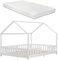 [en.casa] Kinderbett Sisimiut mit Matratze 140 x 200 cm Hausbett mit Rausfallschutz Holzbett für Kinder Bodenbett Lattenrost Kiefernholz Weiß
