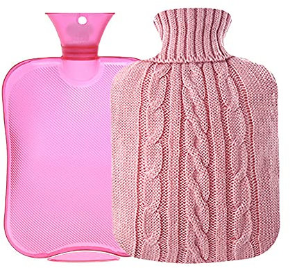 OliviaLiving Classic Transparent Hot Water Bottle 2 Liter with Knit Cover - Great for Cramps, Pain Relief & Cozy Nights - Water Heating Pad - Feet & Bed Warmer for Adults