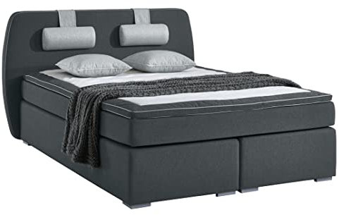 Atlantic Home Collection Boxspringbett REX, 140 x 200 cm, inklusive Topper (Härtegrad H2) und Nackenkissen, dunkelgrau