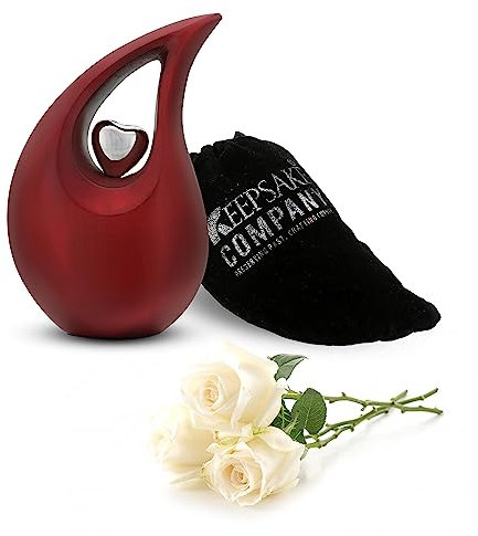 KEEPSAKE COMPANY Rote tropfenförmige mittelgroße Urnen für menschliche Asche mit silbernem Herz (6 Zoll Höhe) – einzigartige mittelgroße Urne für Bestattungsurnen – kleine Haustierurnen, rot matt